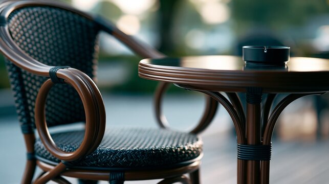 A cozy outdoor seating arrangement with a table and chair.