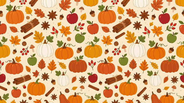 Seamless Autumn Harvest Pumpkin Pattern - Cute Kawaii Thanksgiving Vector Background with Apples and Cinnamon