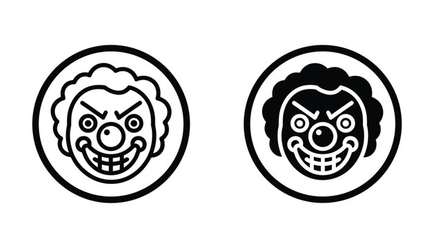 Evil clown face icon set featuring creepy circus performer expressions in linear and solid black vector styles for horror themed graphic design and spooky entertainment event branding