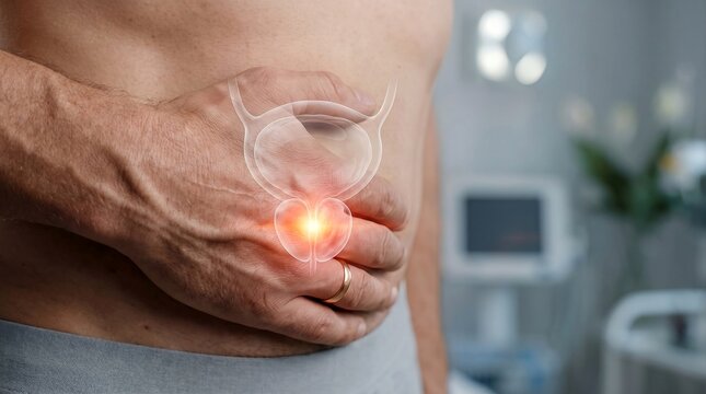 Man with Enlarged Prostate Pain Holding Lower Abdomen with Prostate Anatomy Overlay