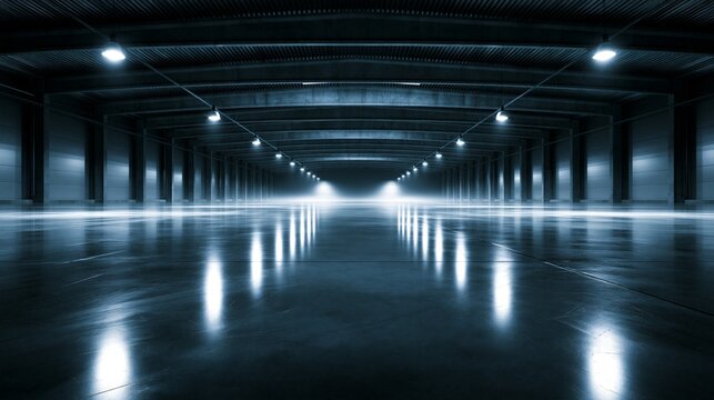 A modern, spacious warehouse interior with bright, reflective floors.