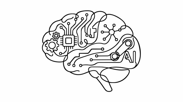 Continuous line drawing of human brain with microchip, gears and robotic arm forming artificial intelligence concept vector illustration