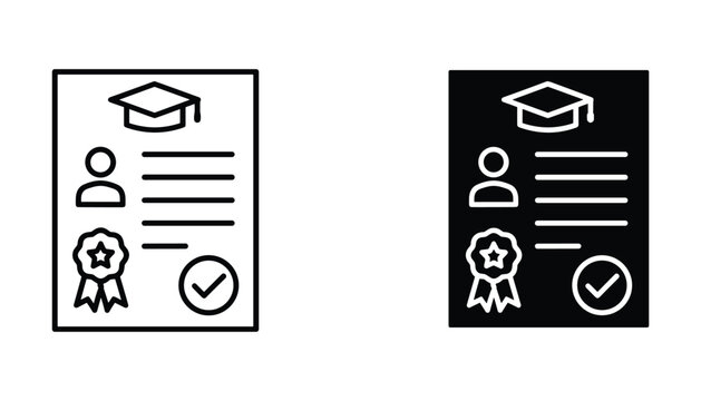 Educational certificate document with graduation cap icon set in line art and solid black styles for academic achievement awards or online course completion badges and web interface