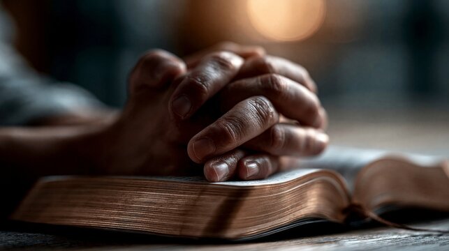A person quietly prays with hands clasped over an open book.