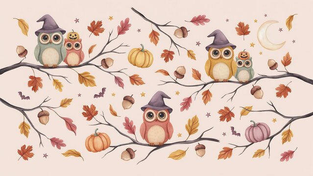 Watercolor halloween poster with owls pumpkins and autumn leaves