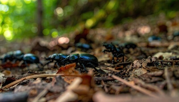 Black ground beetles scurry across a sun-dappled forest floor in motion