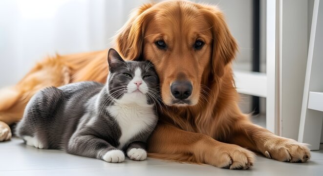 Golden retriever and grey tabby cat lying together domestic animal photo