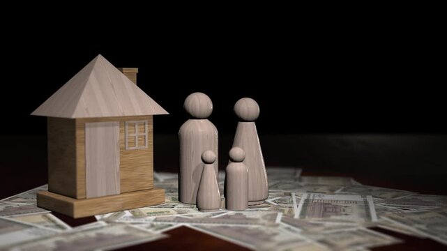 Wooden family figures and a house model sitting on 500 indian rupee banknotes with a rotating camera shot.