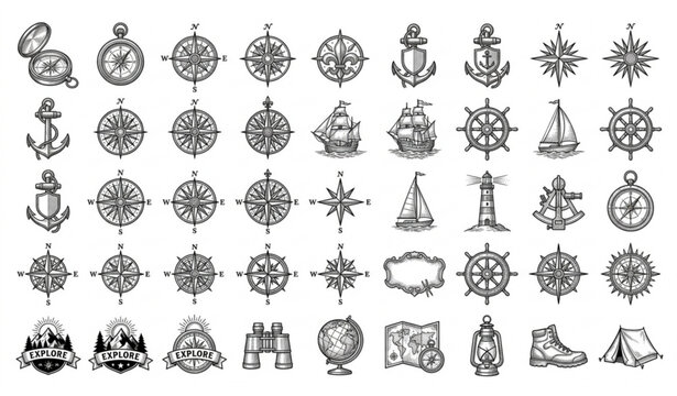 Retro Wind Rose and Hiking Compass Sketch Pack Vintage Navigation Vector Illustration