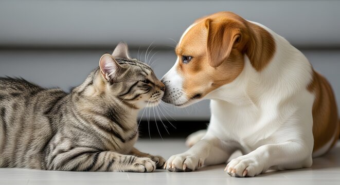 Cat And Dog Facing Each Other Close up Photograph