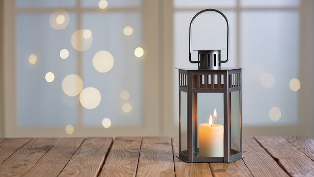 Christmas candle lantern on wooden table with warm bokeh background