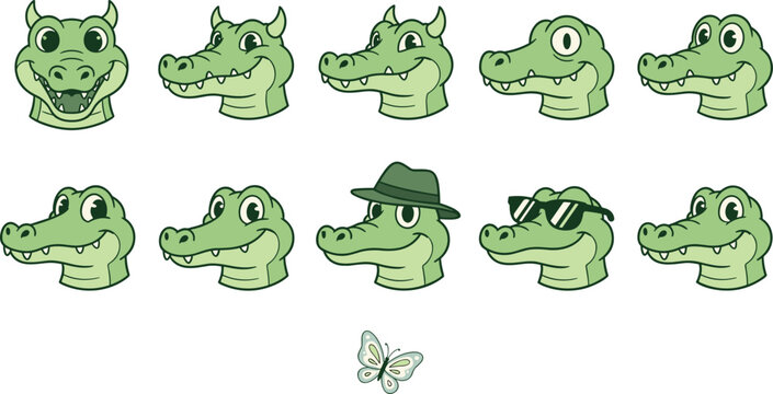 Cute green crocodile cartoon character head vector illustration set featuring alligator avatars with different expressions hats sunglasses and butterfly