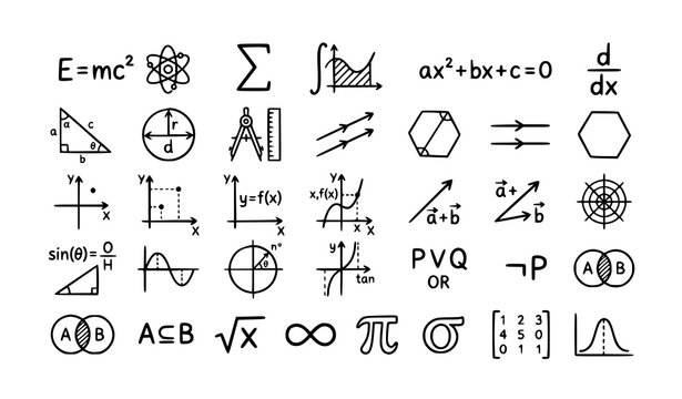 Black and White Mathematics Doodle Vector with Scientific Equations and Educational Symbols