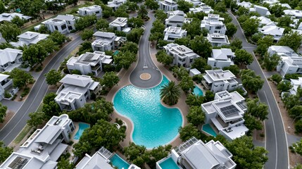 Obraz premium Aerial view of modern houses surrounding a serene swimming pool.