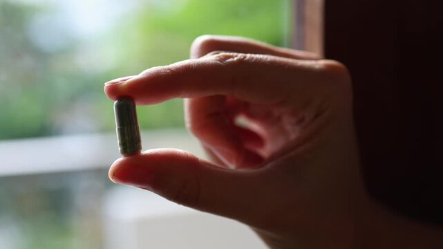 Close up view of woman's fingers holding green spirulina capsule pill indoors. Concept of dietary supplement, healthcare, superfood organic nutrition, multi vitamin therapy and healthy lifestyle.