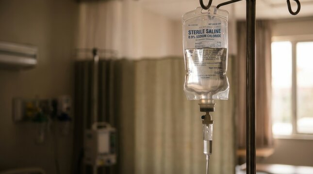 Transparent bag of sterile saline solution hanging from an IV pole in a hospital setting