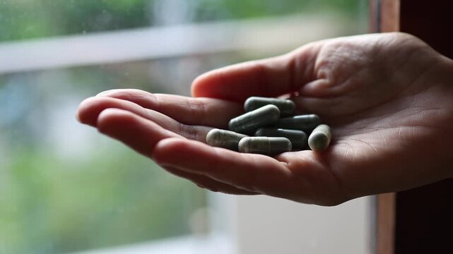 Close up view of woman's fingers holding green spirulina capsule pill indoors. Concept of dietary supplement, healthcare, superfood organic nutrition, multi vitamin therapy and healthy lifestyle.