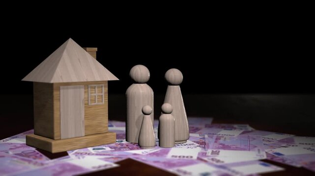 Wooden family figures and a house model sitting on 500 euro banknotes with a rotating camera shot.