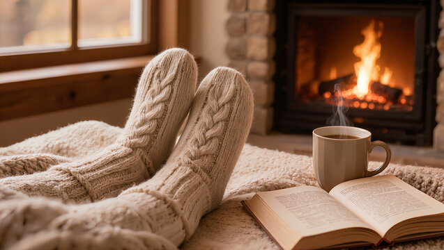 Cozy home interior close up with woolen socks on a knitted blanket near a blurry fireplace