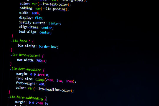 Programming screen of web developer. Technology abstract background of coding screen for web design, software development, data analysis, data security concept.