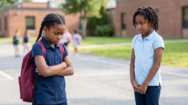 Upset schoolgirl standing apart after a conflict with a classmate, highlighting childhood emotions and bullying awareness