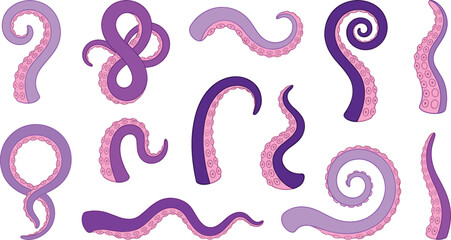 Purple octopus tentacles vector collection set featuring various curling and twisting marine monster arms with suckers isolated on white background. © MdSaddam