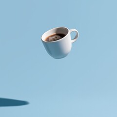 Fototapeta premium Floating Ceramic Coffee Cup on Pastel Blue Background