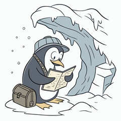Curious penguin explorer wearing a hat and carrying a satchel, reading a map while standing near a snowy ice cave in a winter landscape
