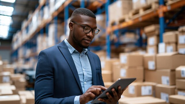 Professional businessman using tablet computer in modern warehouse with stacked cardboard boxes