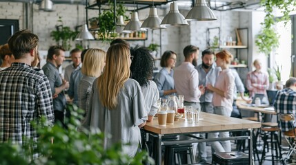 Obraz premium Diverse group of professionals mingling and networking at a casual office social event with drinks