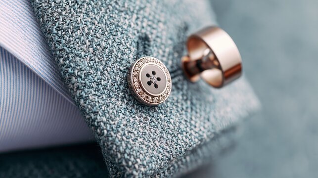 Close-up of a stylish suit button and cufflink on fabric.
