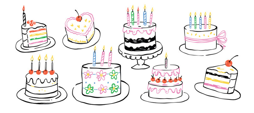 Vector illustration of cute birthday cakes doodle clipart set. Minimalist style sweet bakery bundle with burning candles, cream slices, cherry, and flower ornaments.