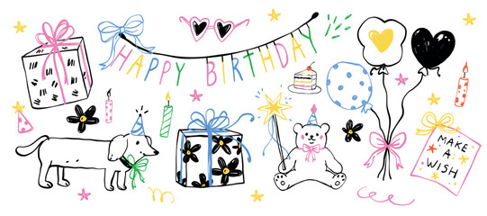 Vector illustration of happy birthday party doodle clipart set. Cute dachshund dog and teddy bear banner bundle with gift boxes, balloons, garland, and make a wish card. © MariAshma