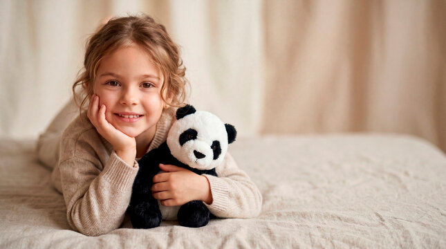 A cheerful young girl lying on a bed, smiling and warmly hugging a cute stuffed panda bear toy. Soft, neutral indoor lighting creates a cozy and gentle atmosphere, perfect for themes of childhood, com