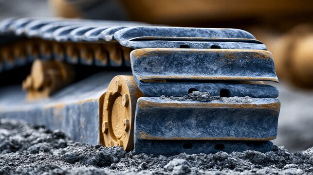 Close-up of heavy machinery tracks on construction site.