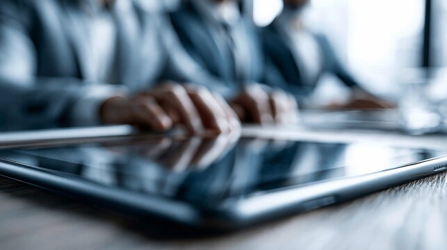 Close-up of professional hands using tablet in a business meeting.