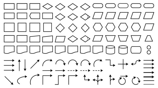 Collection of various geometric shapes and arrows illustrating different directions and forms