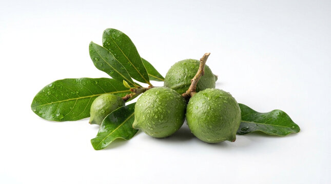 Branch of fresh green macadamia nuts with leaves on white background