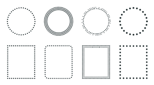 Set of eight circle and rectangle outline icons with dotted and solid styles for design