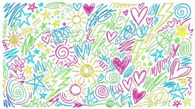 Hand drawn doodle background with colorful hearts and stars, vibrant crayon sketch pattern, playful felt tip pen drawings for kids wallpaper