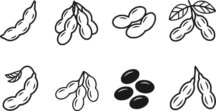 さまざまな種類の豆類、豆、ピーナッツのセットを表す白黒線画のコレクション