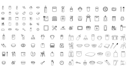 Fototapeta premium Baby feeding equipment and childcare accessories icons for toddler meals and daily care.