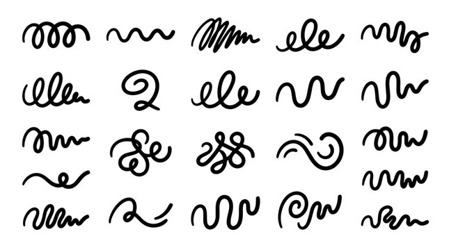 Collection of various black ink doodles and squiggles on for design