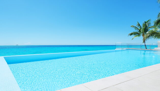 Luxury infinity swimming pool with palm tree and ocean ヤシの木が見えるインフィニティプールの背景素材