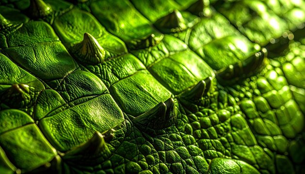 Macro Texture of Vibrant Green Crocodile Skin with Sharp Scales