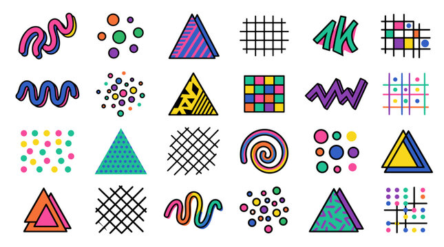 Collection of colorful geometric shapes and patterns on a for design
