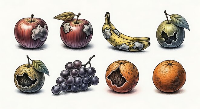 Collection of various decaying rotten fruits with mold and spoilage, freshness