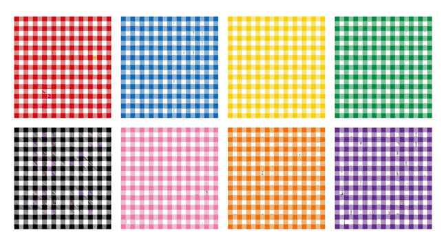Collection of colorful gingham pattern textures in red blue yellow green black pink orange purple