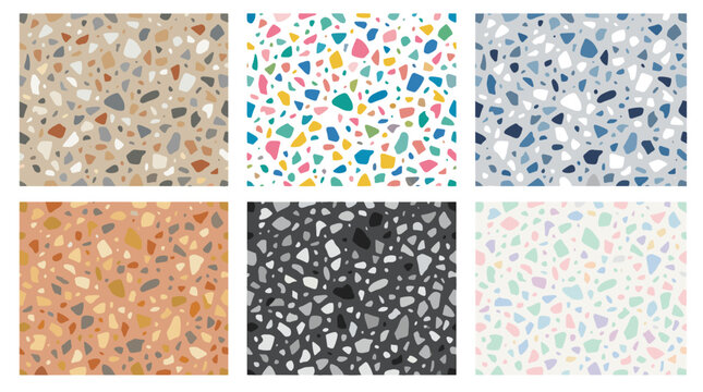 Six different terrazzo pattern textures with various color schemes and aggregate sizes