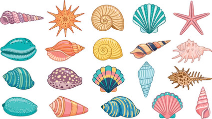 Beautiful colorful sea shell and starfish vector collection set featuring various marine snail conch and scallop elements isolated on white background. © MdSaddam